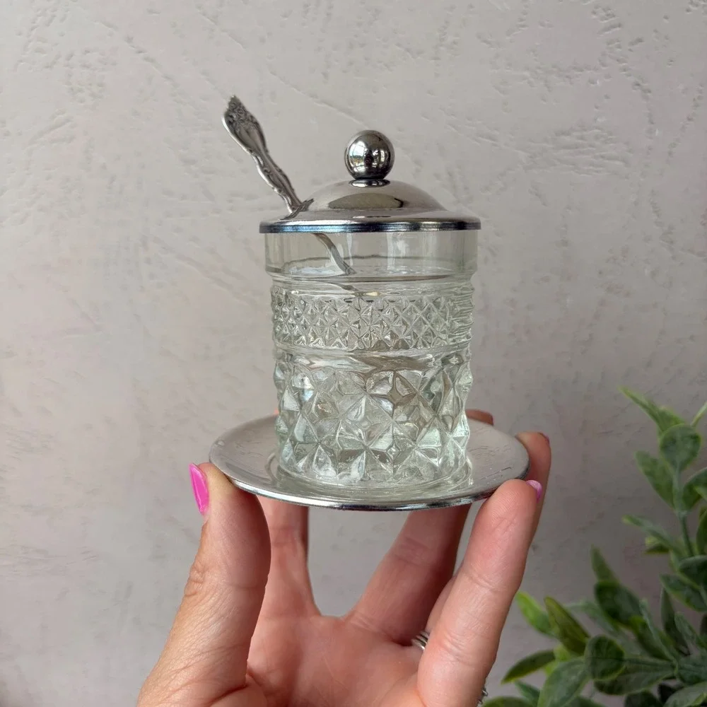 Vintage Diamond Cut Glass Jam Pot Set with Silver Tone Lid Spoon and Plate